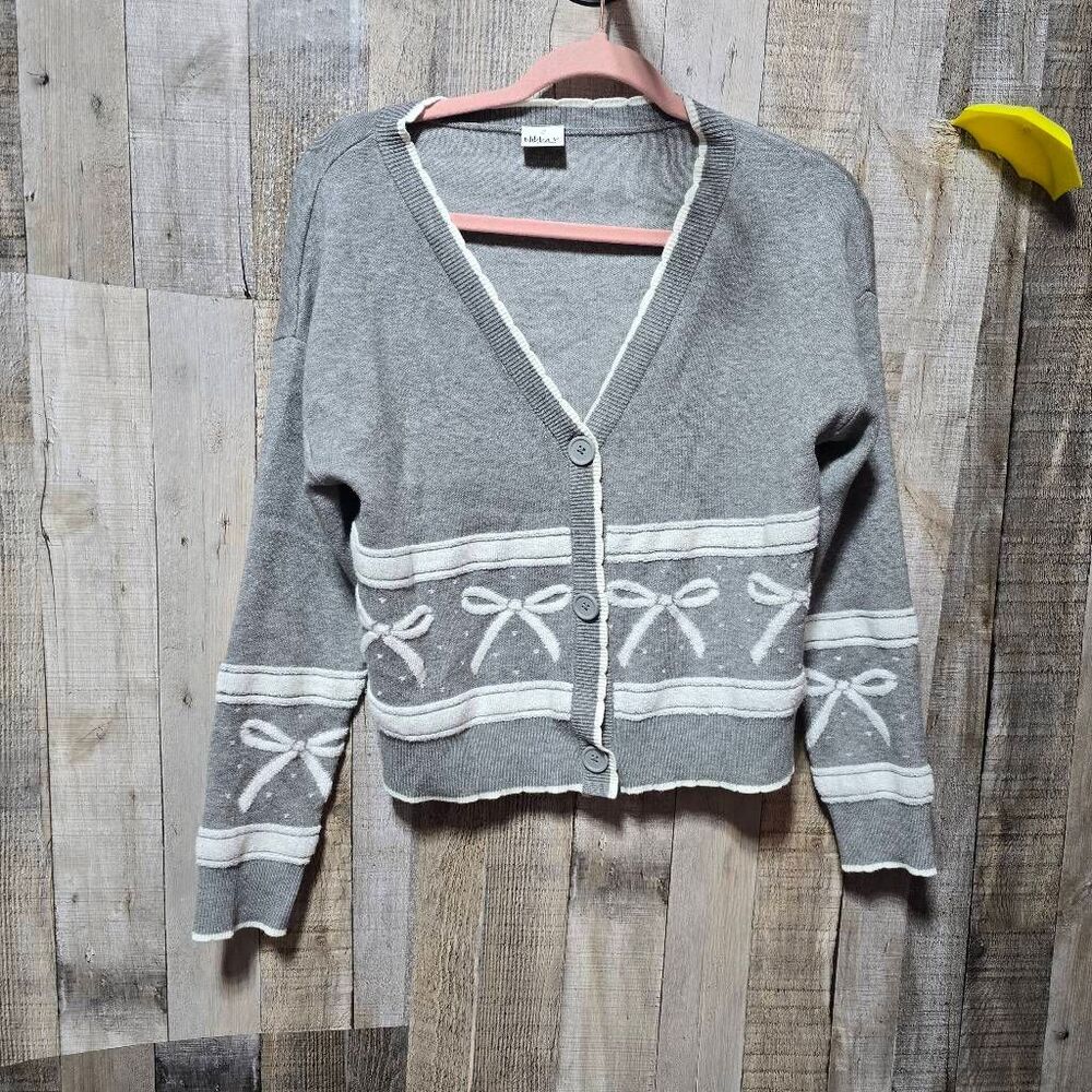 Nikka K Grey Bow Cardigan Sweater Small Coquette Twee Femme Girly Preppy Cute